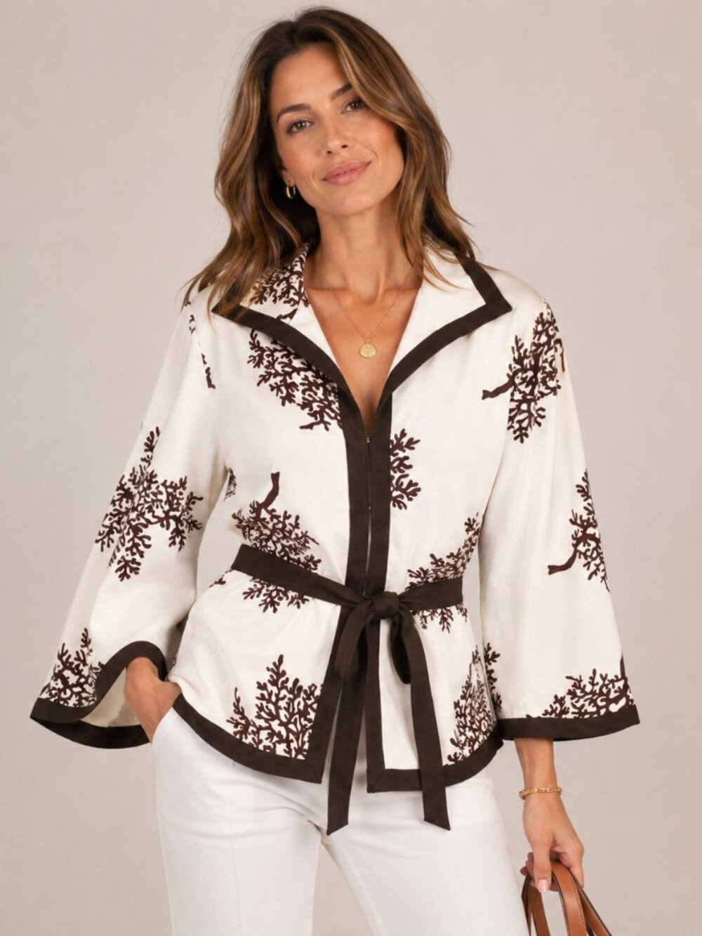 VTG Victor Costa Occasion White Brown Bonsai Print Kimono Style Blouse Womens S